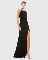 Black Beaded Halter Jersey Gown